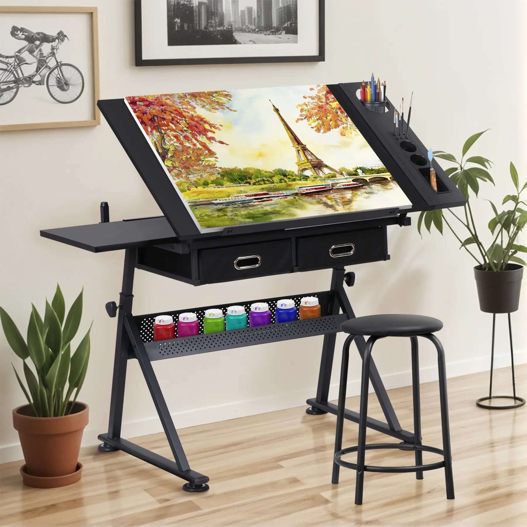 Zeny Adjustable Multi-Function Drafting Drawing Table - Adjustable Laptop Desk for WFH Setup, Work From Home, Easy-Tilt MDF & Steel Top, Large Surface, Storage Drawers, Included Stool, Modern Black Home Office Furniture With Instructions
