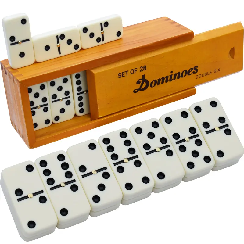 Queensell Double Six Domino Sets with Spin Dot - Set of 28, Includes 28 Dominoes, Wooden Design