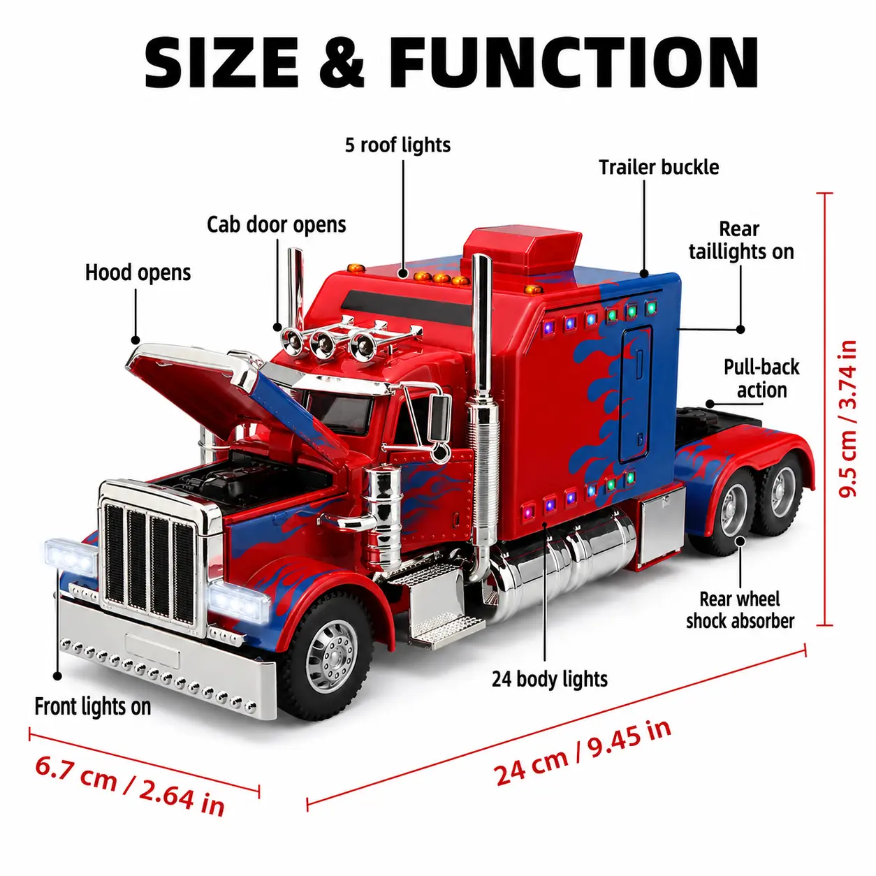 H06111 1:24 Alloy Semi Truck Toy, Red Blue Pull Back Heavy Truck with Sound & Light Effects, Opening Hood & Doors, Detailed Interior, Chrome Horns Fuel Tank, 5 Roof Lights, 24 Body Lights, Ideal Birthday & Children's Day Gift for Kids Collectors