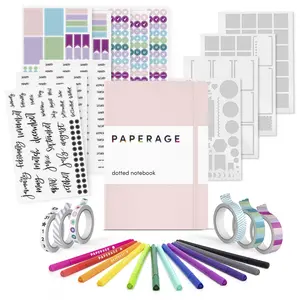 PAPERAGE Journaling & Scrapbooking Kit, With Dotted Notebook, Fineliner Pens, Stickers, Stencil Sheets & Washi Tapes