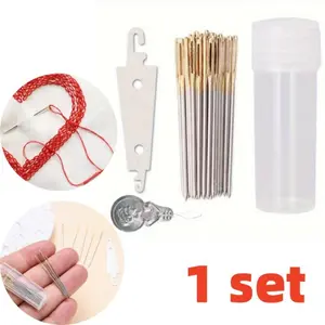 1 Set of Cross Stitch Set, Including 100 Pcs 28 Gauge Metal Needles, 1 Pcs Gourd Shaped Threading Tool, and 1 Pcs Stainless Steel Threading Tool - Ideal Embroidery Gift