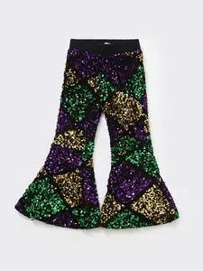 Purple gold green sequin Print Bell bottoms Girls pants