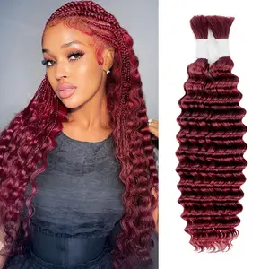99J Human Braiding Hair For Boho Braids 2 Bundles 100g Deep Wave Bulk Human Hair 100% Unprocessed 12A Brazilian Virgin Burgundy Color No Weft Hair Extensions For Boho Knotless Braids Hair 26 Inch (#99J)