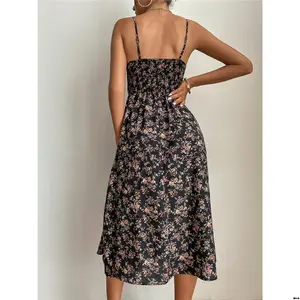 Cami Tie Print Allover tiktok Frenchy Floral Front Shirred Back Slit Thigh Dress