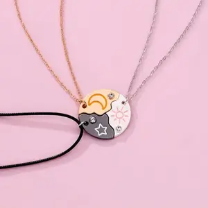 3 Pack Round Rhinestone Star Sun Moon Friendship Necklace Matching Magnetic BFF Necklaces for 3 Cute Pendant Necklace for Unbreakable Friendship