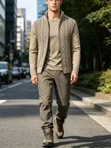 Men's Stand Collar Zipper Knit Sweater, Anti-Pilling Fabric, Classic Houndstooth Pattern, Fall & Winter Casual Wear, Versatile Layering Piece