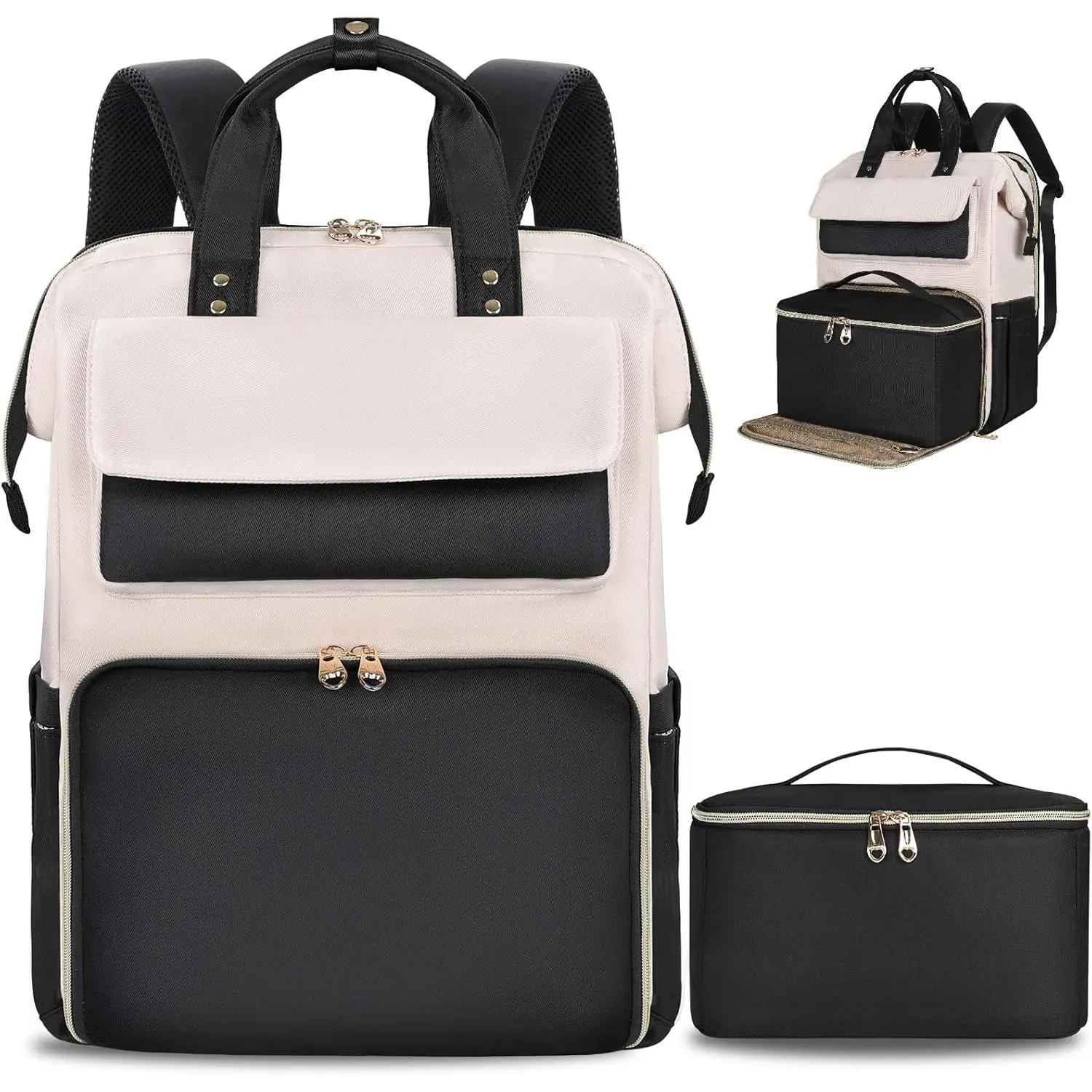 Lunch Backpack for Women, 15.6 Inch Laptop Backpack with Insulated Cooler Lunch box, Work Backpack for Teacher Nurse Travel College Picnic, Black-Beige