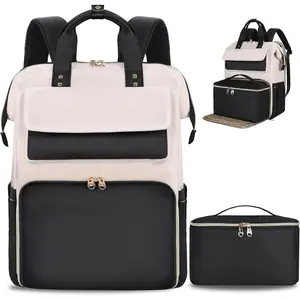 Lunch Backpack for Women, 15.6 Inch Laptop Backpack with Insulated Cooler Lunch box, Work Backpack for Teacher Nurse Travel College Picnic, Black-Beige
