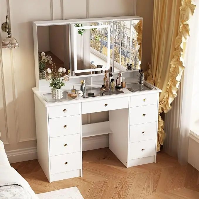 MIDHAM Large Makeup Vanity Desk with Glass Desktop, Large Vanity Desk with Mirror and Lights, Crystal Handles, 43.3” Desktop, Cushion Stool not Includ