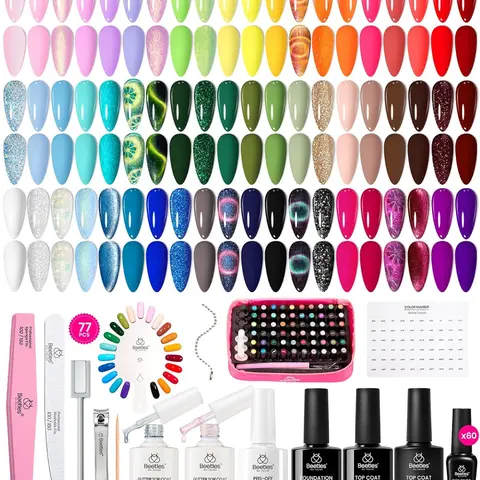 Beetles 60-Color Gel Nail Polish Bottle Set - Neon, Jelly, Glitter, Nude Pink, White, Red, Blue, Green, Brown, Pastel Summer Shades with Base, Glossy & Matte Top Coats, Cosmetic Nail Care Solution for Adult Manicure, Selfcare Gift for Friends & Sisters