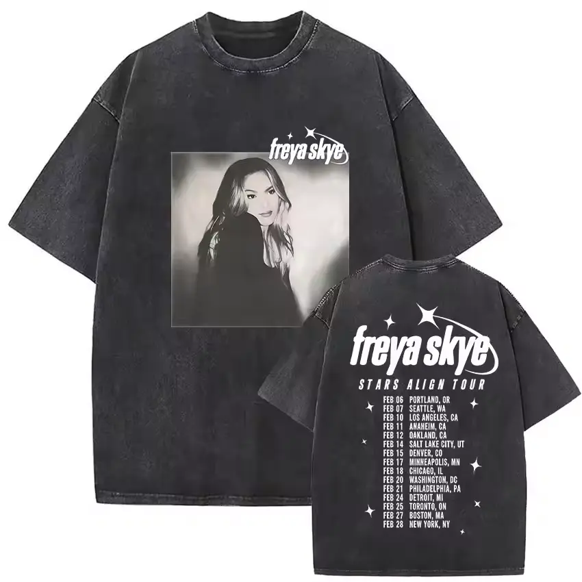 Personality Vintage Washed Freya Skye Stars Align Tour 2026 Graphic T Shirt Men Women Fashion Pop Music Oversized Cotton T-shirt