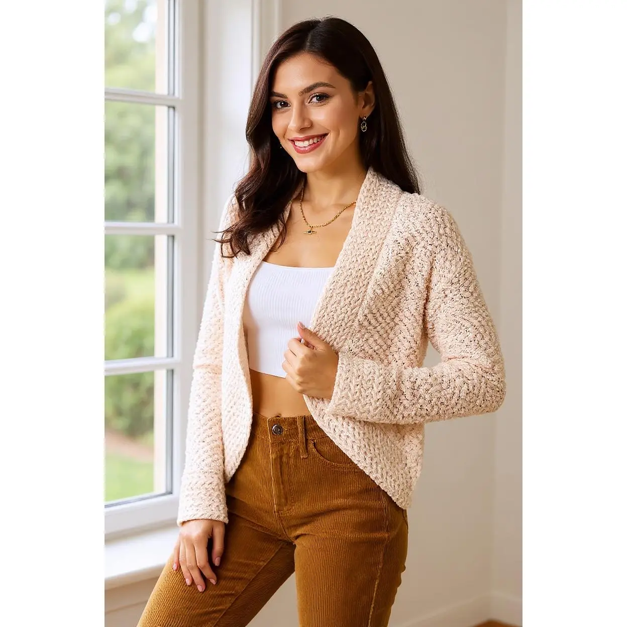Women's Open Front Acrylic Knit Cardigan, Basic Plain Long-Sleeve Layering Sweater with Slightly Stretchy Fabric, Multi-Size Including Plus Sizes (2XL)