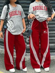 Unisex Brooklyn Print T-Shirt & Striped Wide Leg Pants Set, Casual Street Style, Fashionable Everyday Wear for Teens, Unisex Clothing