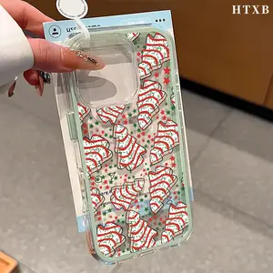 Red wavy Christmas tree design large hole transparent back plate dopamine candy frame mobile phone case, suitable for iPhone16promax, 16 15pro 14PLUS 13 12Pro 11 Pro Max X XSMAX, suitable for holiday gifts to relatives and friends.