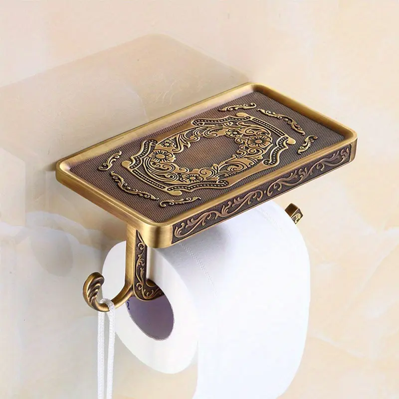 1pc/2pcs Antique Brass Roll Tissue Holder With Shelf-Elegant Wall-Hanging Vintage Toilet Paper Dispenser With Self-Adhesive Mount-Bathroom Accessories