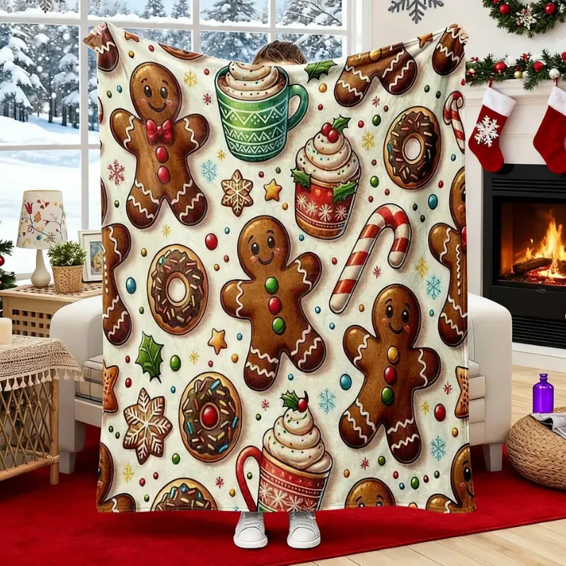 Gingerbread Christmas Flannel Blanket - Cozy Fuzzy Plush Throw with Festive Christmas Cookies & Hot Cocoa, 40x50/50x60/60x80 in Sizes, No Shedding, Ideal Gift for Adults, Suitable for Sofa Use