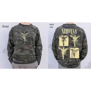 Men's Military Green Camouflage Crew Neck Sweatshirt, Retro Band-Style Angel Pattern Collage Print, American Rock Street Trend Casual Loose Pullover