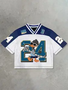 Men's Duck & Number Print Short Sleeve T-shirt, Regular Fit Athletic Sports Clothing Casual Street Breathable Contrast Mesh Hockey Jersey, Men's Summer Top for Daily Wear