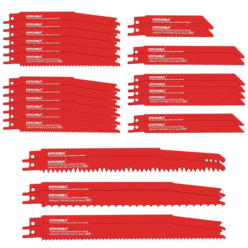 HYCHIKA 32-Pcs BIM Reciprocating Saw Blade Set with Organizer Case, Carbon Steel Replaceable Metal-Wood-Drywall Cutting Blades, Heavy-Duty Hand Tools for Industrial Hardware Use with Fast, Precise and Smooth Cutting