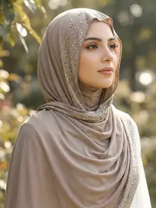 1pc Fashion Plain Chiffon Hijab Scarf with Rhinestone Beading, Elegant Women's Headscarf, Muslim Daily Wear Turban, Breathable Long Shawl