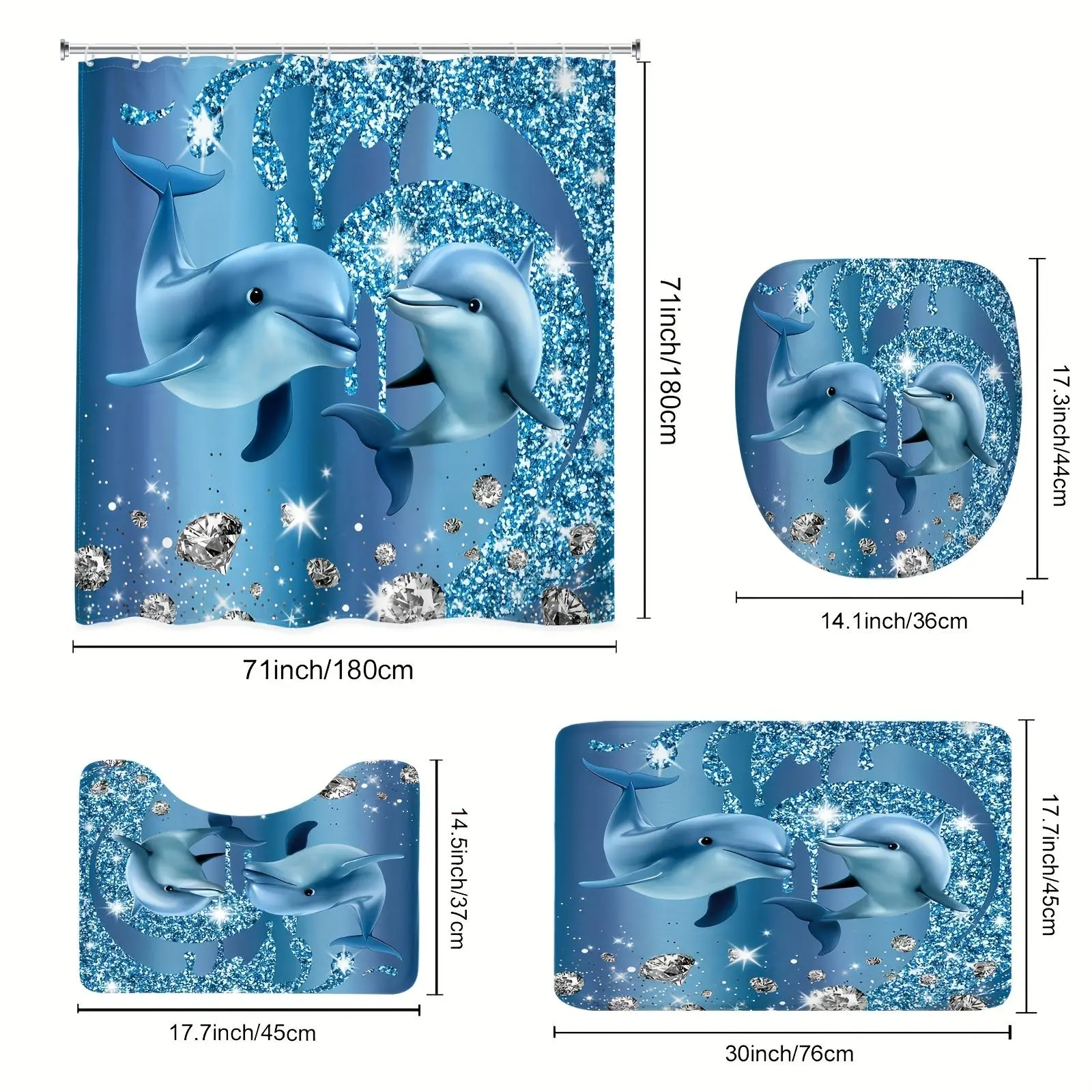 2D Flat, 2D Flat 4pcs - Blue Dolphin Shower Curtain Set, Cartoon Cute Dolphin Diamond Spray Ocean Life Modern Art Decoration 12 Hooks Shower Curtain, Non-Slip Bathroom, Toilet U-Shaped, Cover, Home Decor Gift