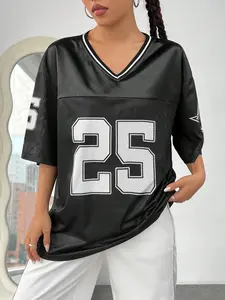 Women's Number 25 Varsity Mesh Football Jersey 🖤🤍 White/Black/Green Color Options | V-Neck Striped Trim & Star Sleeve Detail | Oversized Relaxed Fit | Perfect for Streetwear, Sporty Style & Y2K Outfits | Retro Sport Essential