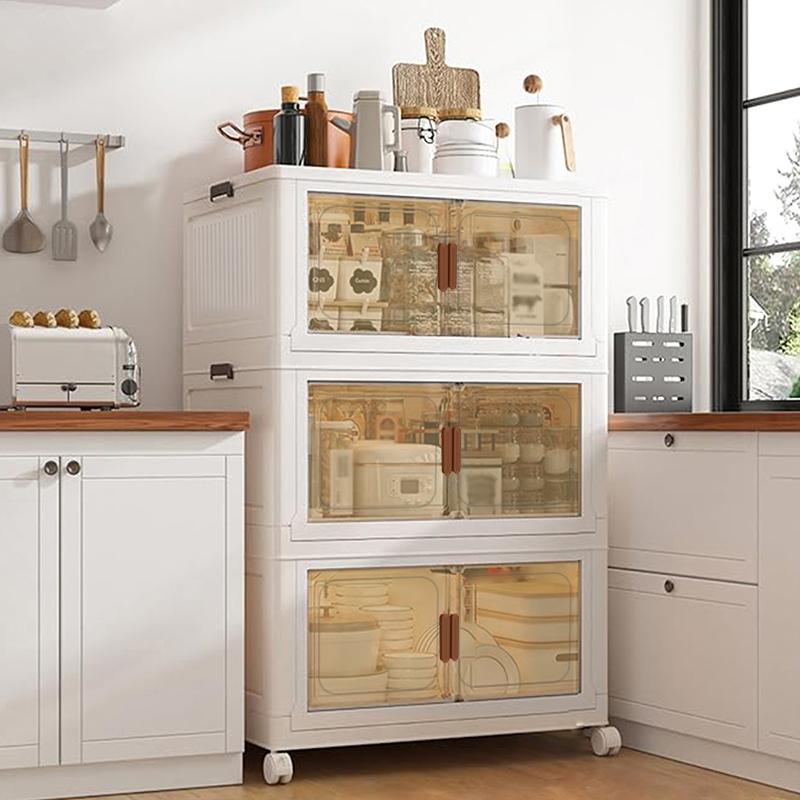 Stackable plastic storage boxes with transparent doors, durable foldable design, suitable for kitchen and home organization, multi-purpose folding cabinet boxes, kitchen storage boxes and storage cabinets.