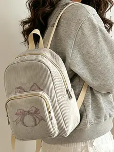 1 piece of baseball and bow pattern 2D printed lady's backpack, corduroy texture + layered storage + light weight reduction | perfect for students to go to class/stroll out/short trips | combination of atmosphere and practicality