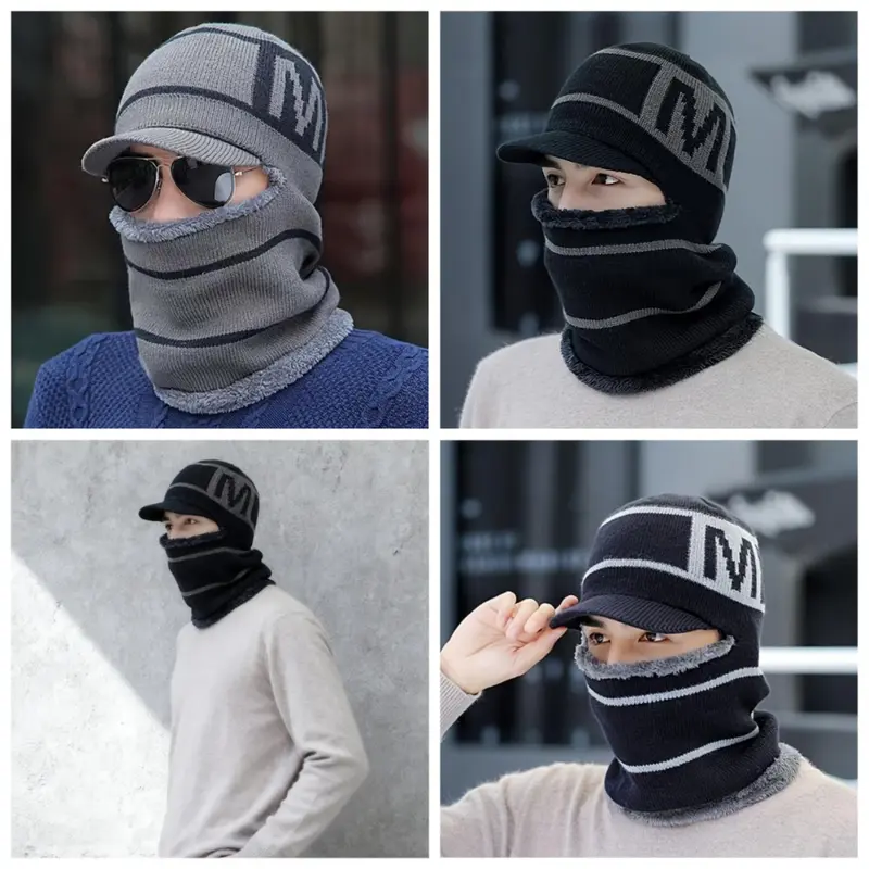 Plain Adult Acrylic Knit Balaclava Beanie - Fleece-Lined Thermal Ski Mask, 1-Size Windproof Full Face Cover with Ear-Guard Ear-Protecting Warm Cap for Cold Weather Biking & Outdoor Sports