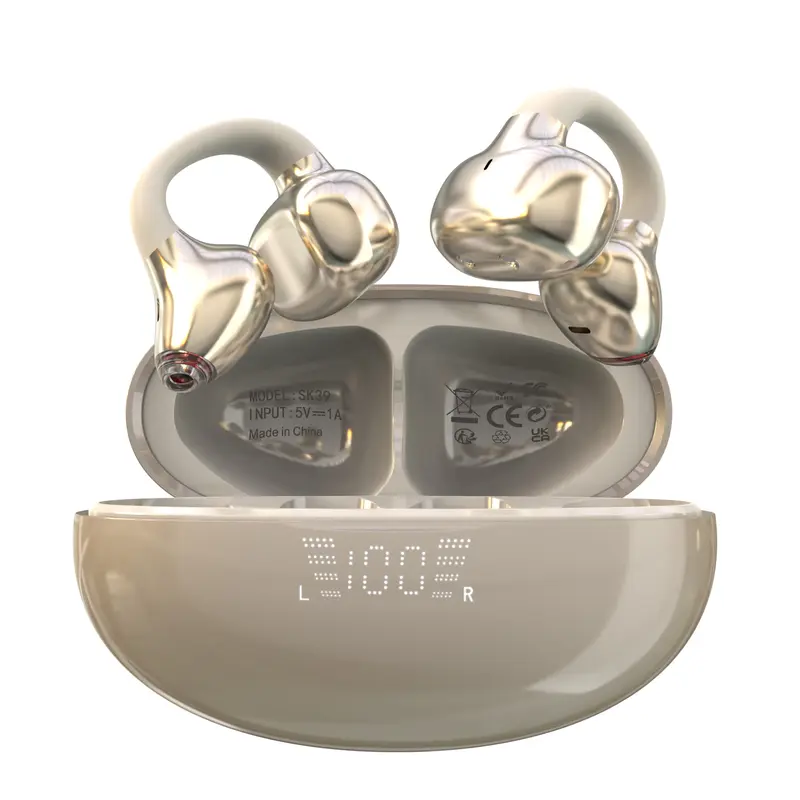 MSHUKCOE Electronic Clip-In Earclip Wireless BT6.0 Low Lag Headphones, Breathable Lightweight Comfortable Waterproof, 36H Nonstop Play, Smart Digital Display, 20kHz, Type-C Cells Included, Fit for Sports & Running, Compatible with Mobile/PC/Laptop
