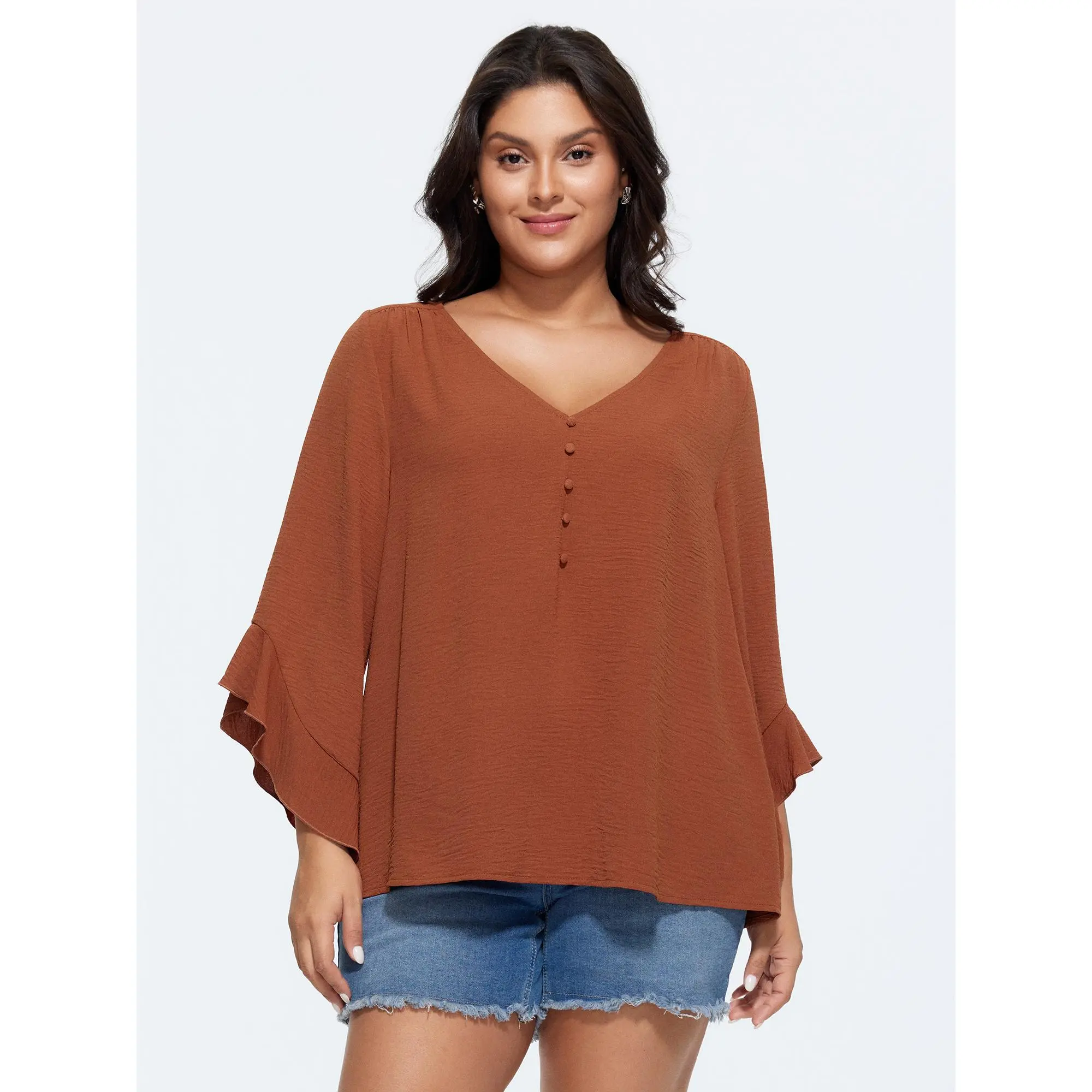 BLOOMCHIC Plus Size Ruffled Flared Sleeve Plain Blouse [M-6X]2026 Summeroutfits,Vacationoutfits,Summerfinds
