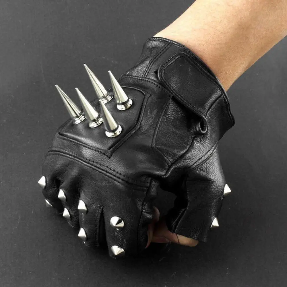 Mens Leather Spike stud Punk Rocker Driving Motorcycle Biker Fingerless Gloves