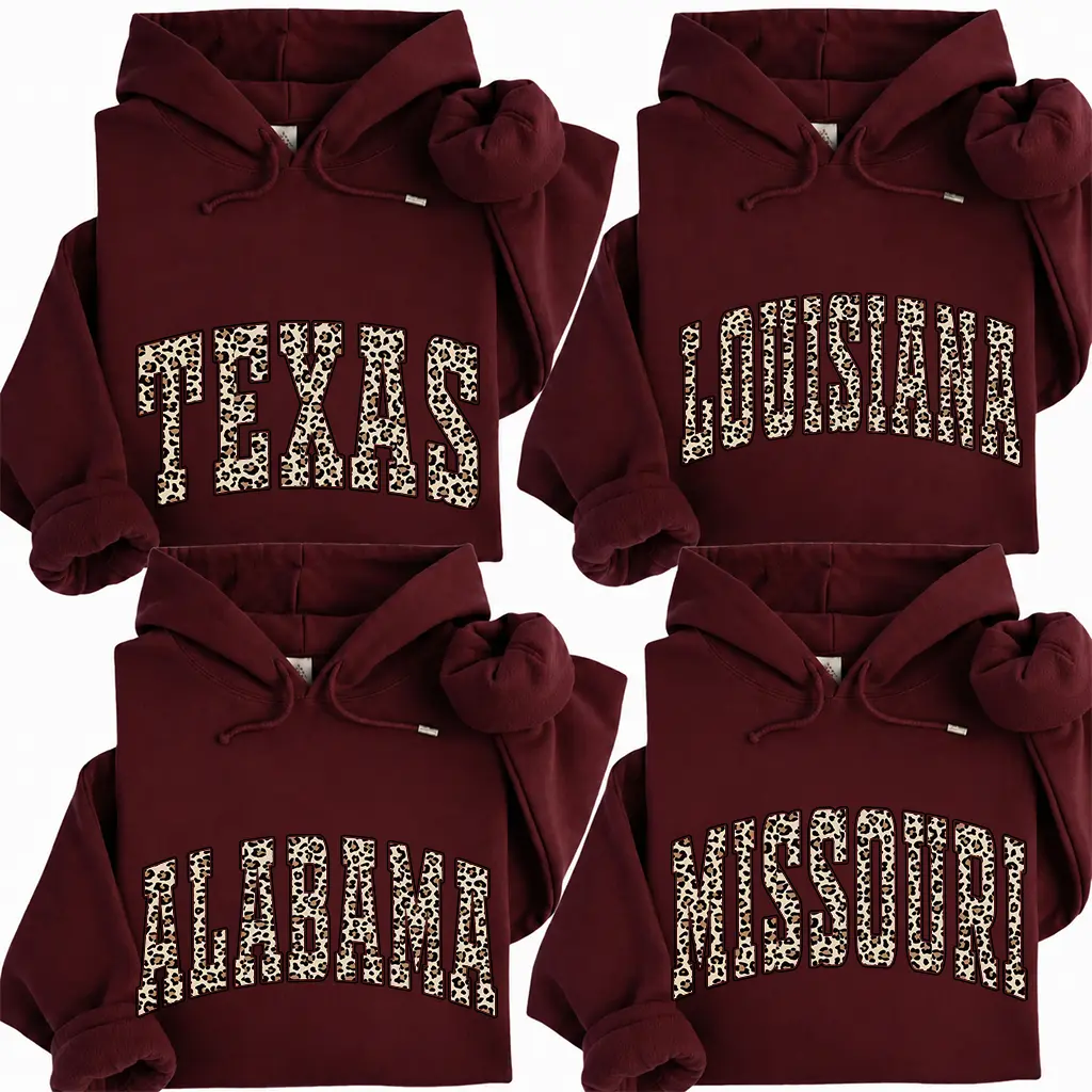 FULL 50 STATES Hoodie, Texas Louisiana Alabama Missouri Leopard Print Hoodie, Southern State Pride Hoodie, Trendy State Pullover, Hometown Gift for Women, Southern Girl Hoodie, Cozy Gift--Tiffany Graphic Tee
