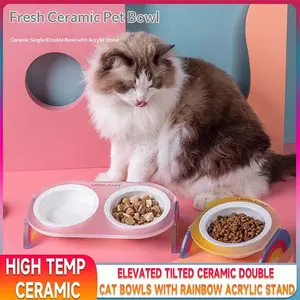 Zoomie Zone 15° Tilted Ceramic Cat Bowls with Acrylic Stand, Elevated Single/Double Cat Food Water Bowls, Non-Slip No Spill Feeding Dishes for Indoor Cats