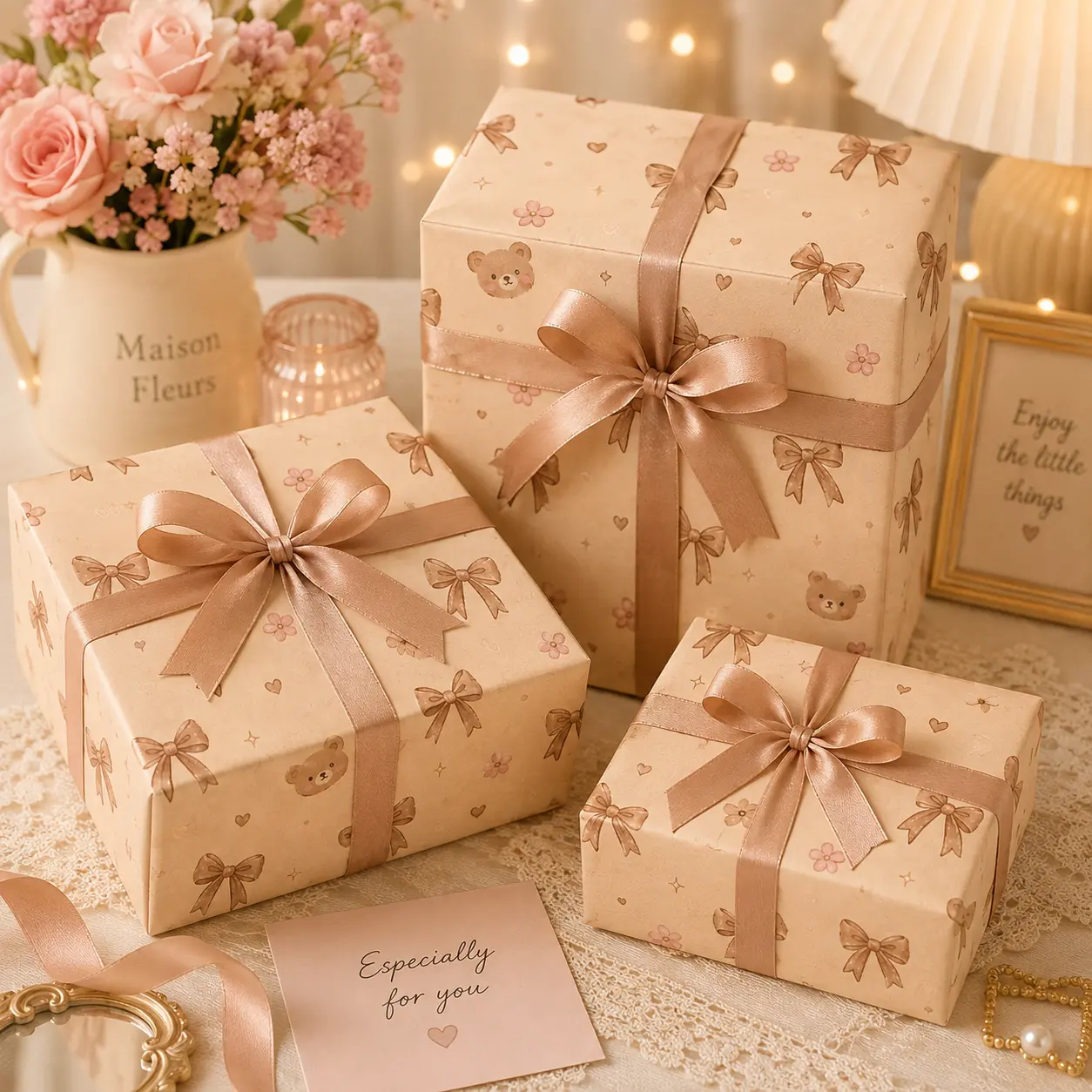 Cute Brown Teddy Bear Bows Gift Wrapping Paper Sheet - Kawaii Watercolor Bear Coquette Ribbon Gift Wrap for Baby Shower Birthday