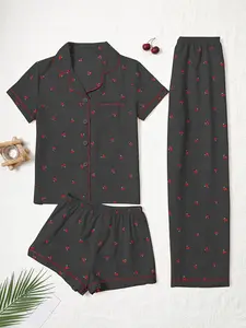 Elegant Cherry Print Pajama Set for Women - 3pcs, Short Sleeve Top with Lapel Collar & Button-Up Shorts, Light Blue with Red Cherry Pattern, Perfect for Fall/Winter, Adult Loungewear | Playful Print Top |   Polyester Blen