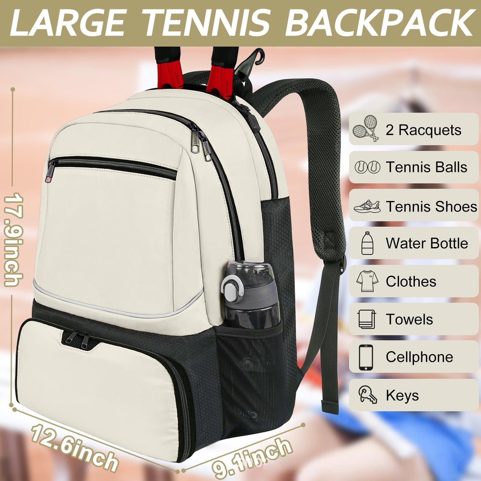 NEW Large Capacity Tennis Backpack Sports Racket Pack Holds 1-2 Tennis Rackets Outdoor Badminton Bag With Shoe Pocket Beige,Mother's Day Gift