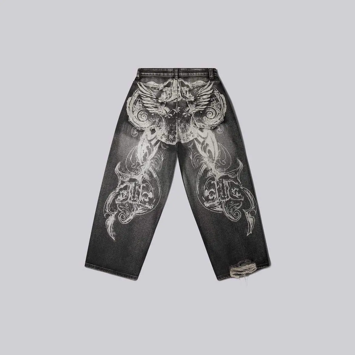 Men Gothic Wing Skull Back Printed Baggy Wide Leg Jeans, Black Acid Wash Distressed Ripped Destroyed Oversized Denim Pants, Y2K Grunge Punk Hip Hop Skater Vintage Streetwear Loose Fit Trousers