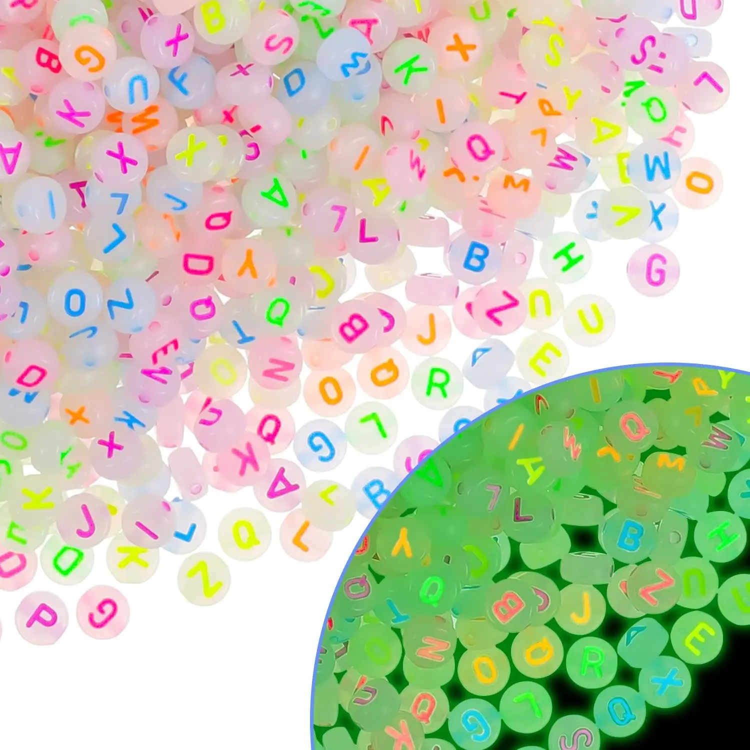 1000 count Glow Letter  Alphabet Beads - Glow in The Dark, 4x7 mm Round Beads for Friendship Bracelets and DIY Crafts