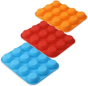 Pack of 3 Silicone Muffin Pan, Non-stick Cupcake Pan, 12 Cups Food Grade Egg Muffin Baking Silicone Molds Perfect for Making Cupcakes, Egg Muffins, Cookies, Cake Pops, Lollipops, Mini Bread Loaf Sets, Tarts, Pudding and More