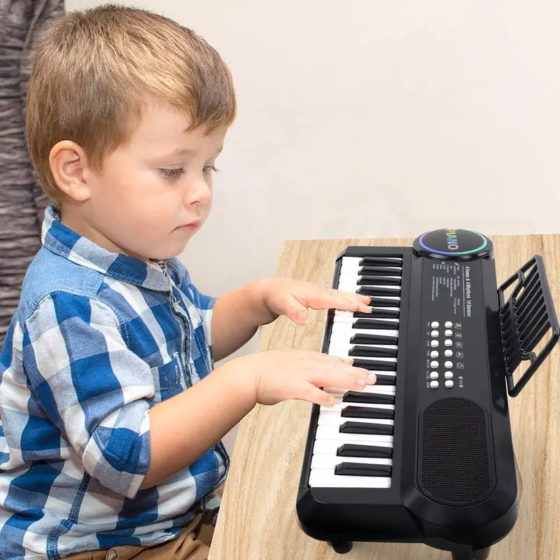 Multifunction 37-Key Black Kids Piano Keyboard Toy - Safe Plastic Early Educational Electronic Musical Instrument for 1-4 Years Old, with Microphone, Score Sheet Practice, Music Stand, Record & Replay, Kickstand, 10 Songs, 4 Instruments - Christmas Gift