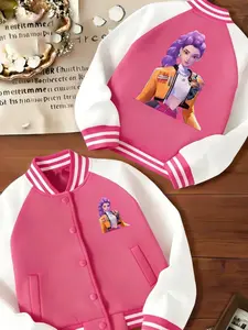 Girls' Short Baseball Jacket Coat, Cartoon Design, Elastic Fabric, Fitted Style, Collared Jacket, Fall & Winter School Uniform Outerwear