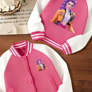 Girls' Short Baseball Jacket Coat, Cartoon Design, Elastic Fabric, Fitted Style, Collared Jacket, Fall & Winter School Uniform Outerwear