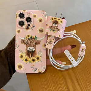 5 Piece Set Sunflower & Cow Phone Case, Charger Head Cover, Cable Protector, Storage Rope, Anti-Drop Tpu Case for iPhone 6/7/8/x/11/12/13/14/15/16 Pro Max