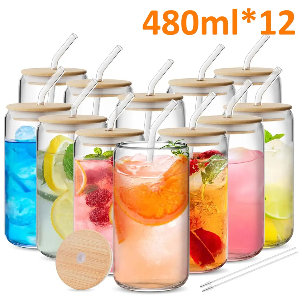 Glass Tumblers with Bamboo Lids 4/6/8/12 Pack 16oz Can Shaped Drink Cups, Glass Straws & Dual Cleaning Brushes for Iced Coffee Boba Beer