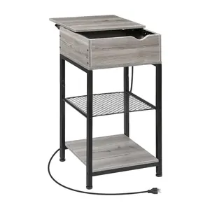 End Table with Charging Station, Bedside Table Nightstand Narrow Sliding Top Side Table with Storage Shelf with USB Ports & Power Outlets for Small Spaces Living Room, Bedroom, Office, Sliver