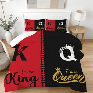 2/3 Piece King and Queen Comforter Set, 1 Comforter + 1/2 Pillowcases, Red Black Couple Themed Bedding, Romantic His and Hers Bedroom Decor for Couples, Ideal Wedding Anniversary Gift