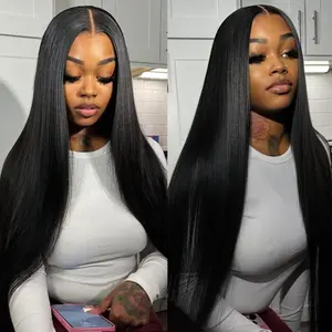 QUANDIAN 13x6 HD Lace Front Wigs Straight Double Drawn Wig Pre Bleached Tiny Knots 220 Density Blunt Cut Straight Hair Natural Black