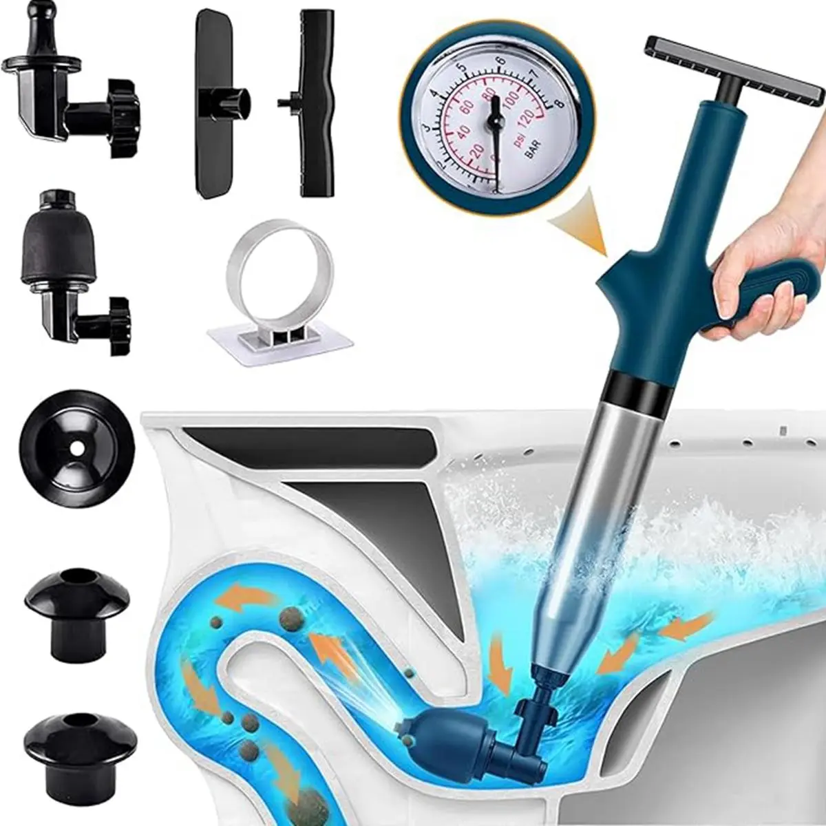 Toilet Plunger with Pressure Gauge, 1 Set High Pressure Toilet Plunger with Accessories, Air Drain Blaster for Toilet, Bathroom, Kitchen Sink, Floor Drain, Home Goods, Bathroom Accessory, Toilet Unclogging Tool