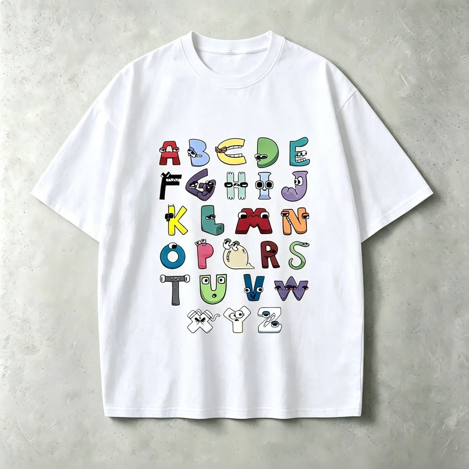 Alphabet Lore Character Faces Graphic T-Shirt, Heavyweight Oversized Vintage Streetwear Tee, Cartoon Letter ABC Pullover Gift